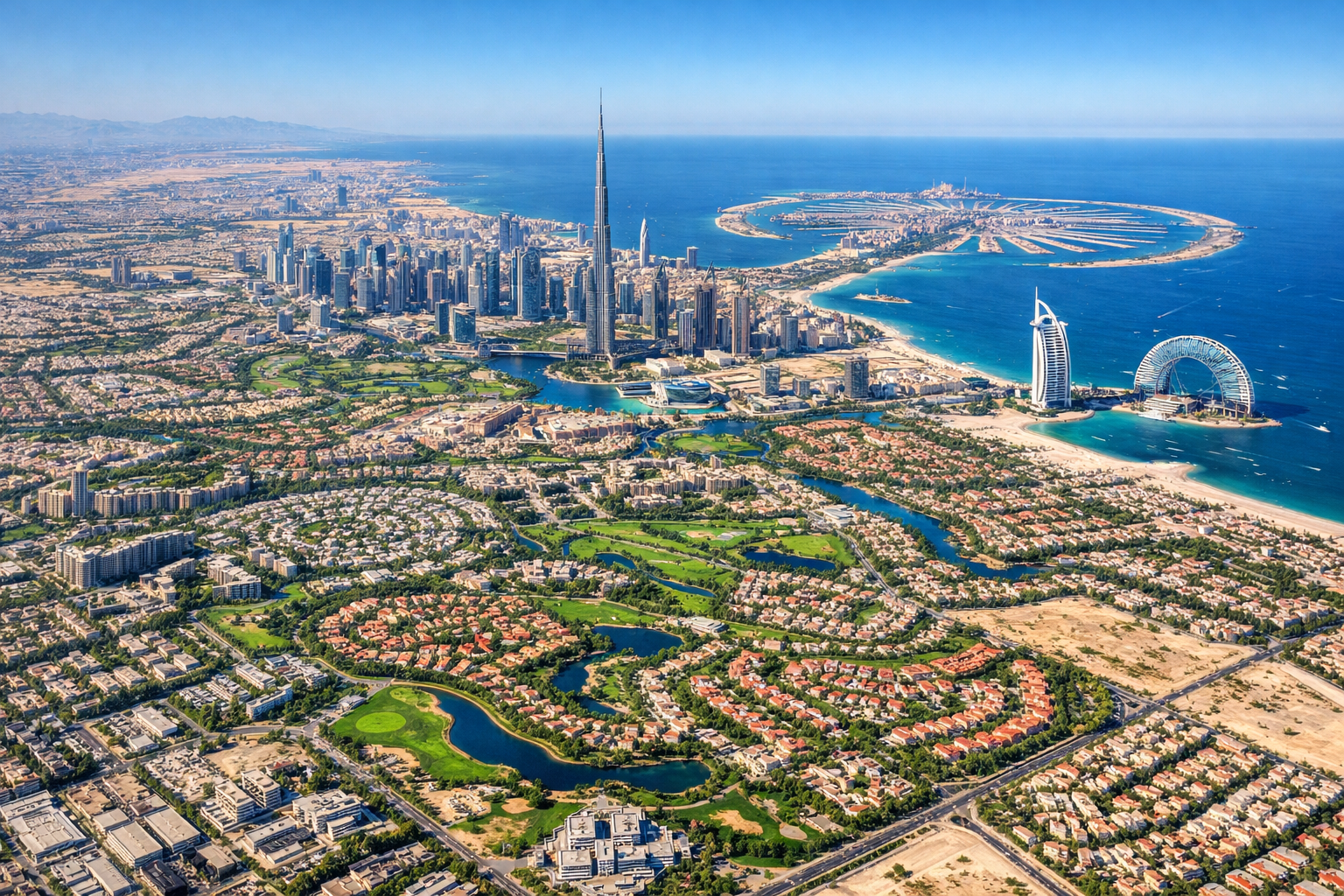 High-resolution aerial view of Dubai showing Burj Khalifa, Palm Jumeirah, Dubai Marina, and surrounding residential communities