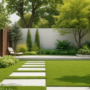 Professionally landscaped commercial outdoor area with greenery and clean pathways.