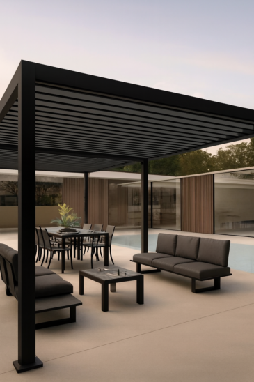 Luxury outdoor pergola in Dubai with modern black slats, poolside seating, and elegant dining setup