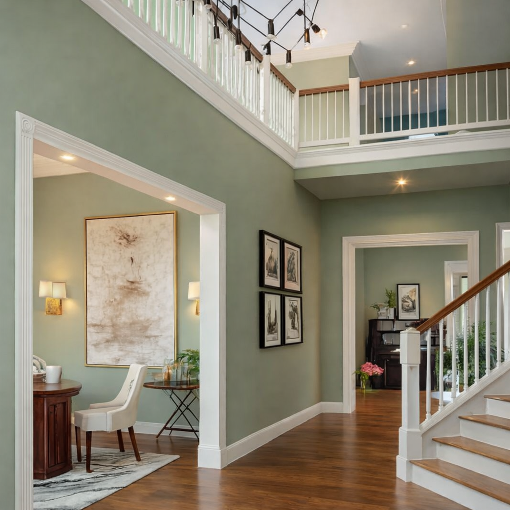 Villa interior painting with soft green walls and wooden flooring.