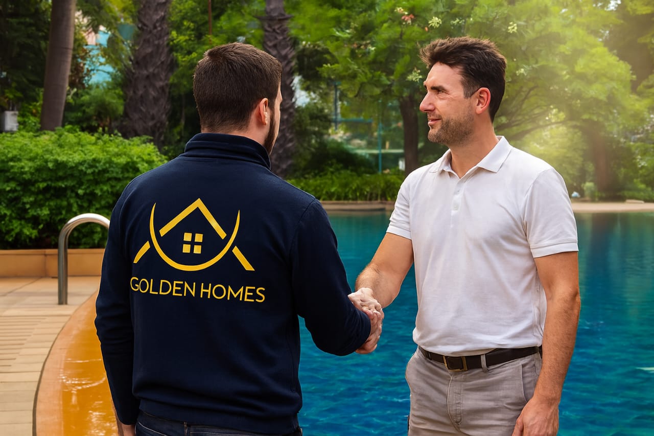 Two men shaking hands near a luxury outdoor pool surrounded by greenery, symbolizing a successful real estate deal with Golden Homes.