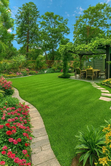 Luxury landscaped garden in Dubai with pergola, tropical plants, and fire pit