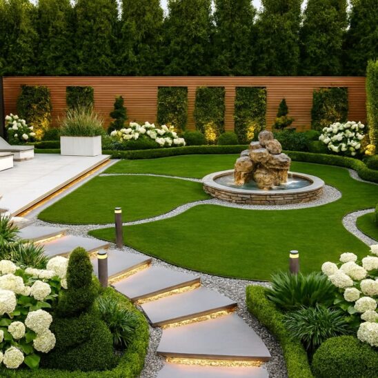 Modern villa garden landscaping featuring manicured green lawn, stone pathway lighting, decorative plants, and a central water fountain.