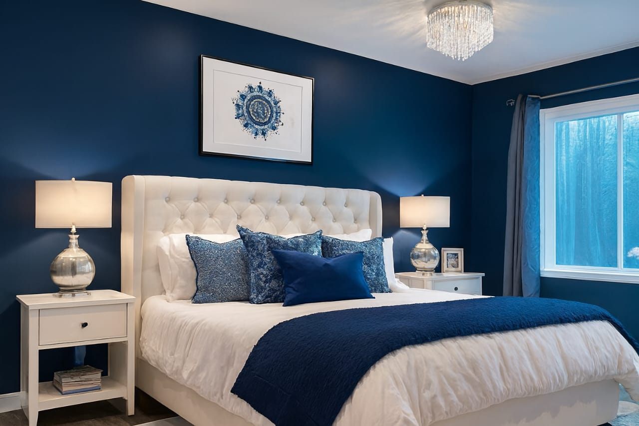 Elegant navy blue and white bedroom with tufted headboard, crystal chandelier, and luxury decor.