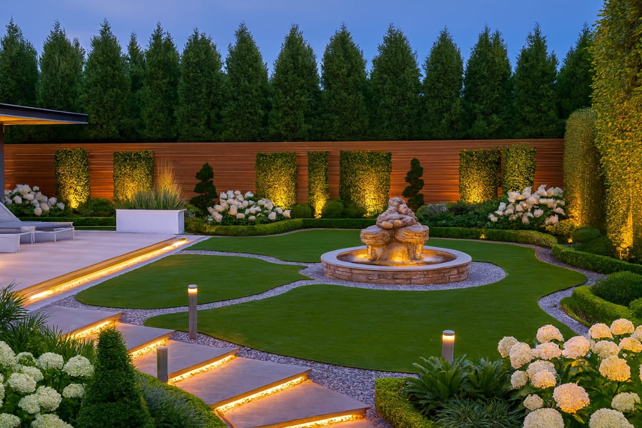Modern villa garden landscaping featuring manicured green lawn, stone pathway lighting, decorative plants, and a central water fountain.