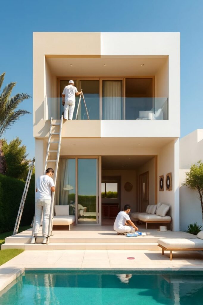 Professional painters working on a modern villa exterior.