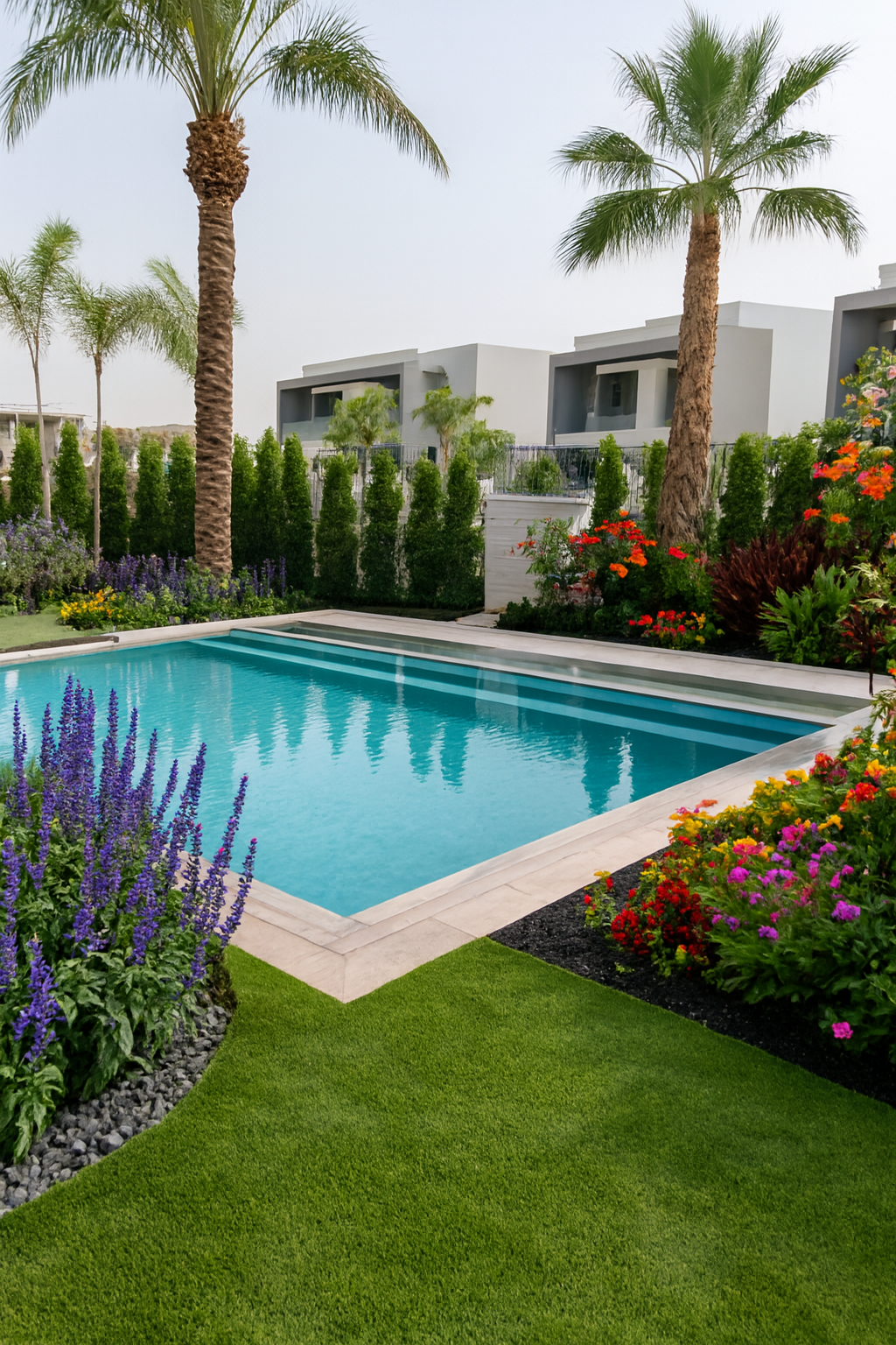 Luxury villa backyard with swimming pool, tropical plants, and vibrant flowers in a serene setting