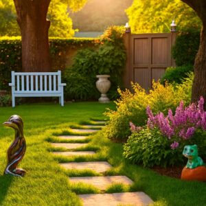 Garden pathway with green lawn, flowering plants, bench seating, and decorative garden elements.