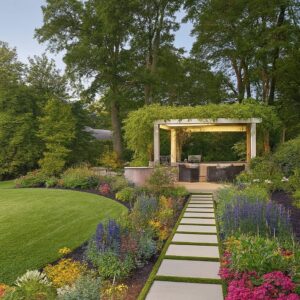 Residential landscaping with green lawn, garden pathway, plants, and outdoor seating area.