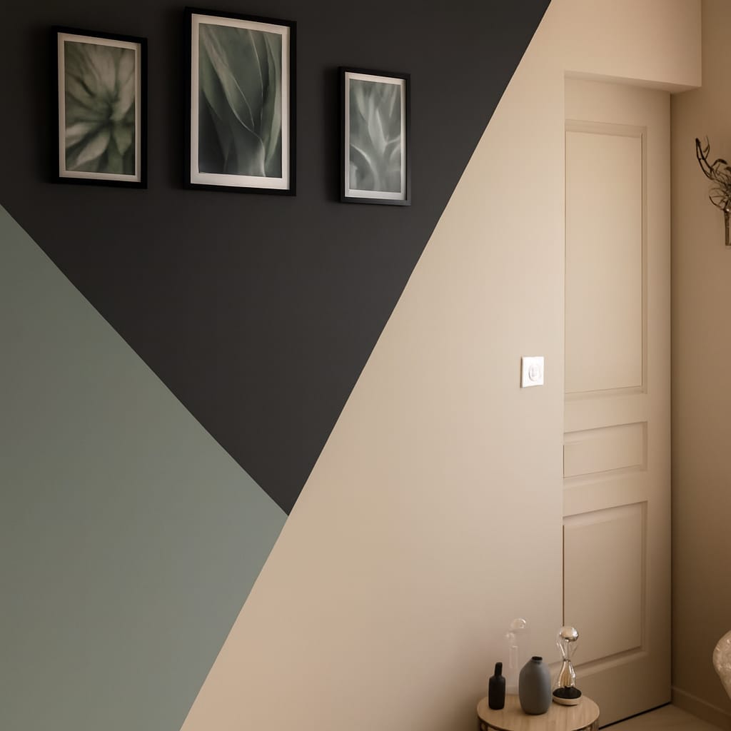 Modern geometric accent wall with botanical art in minimalist bedroom interior