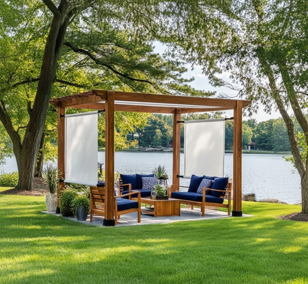 Lakefront pergola with navy outdoor seating and forest view.