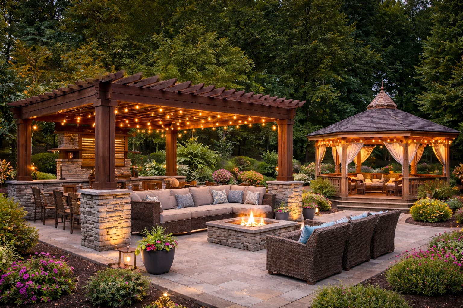 Custom-designed wooden pergola with outdoor seating and lighting, alongside a stylish gazebo in a landscaped garden at dusk.