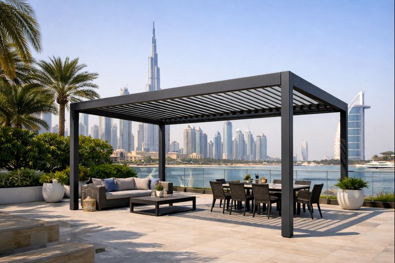 Sleek aluminum pergola on a luxury outdoor terrace overlooking Dubai skyline and waterfront