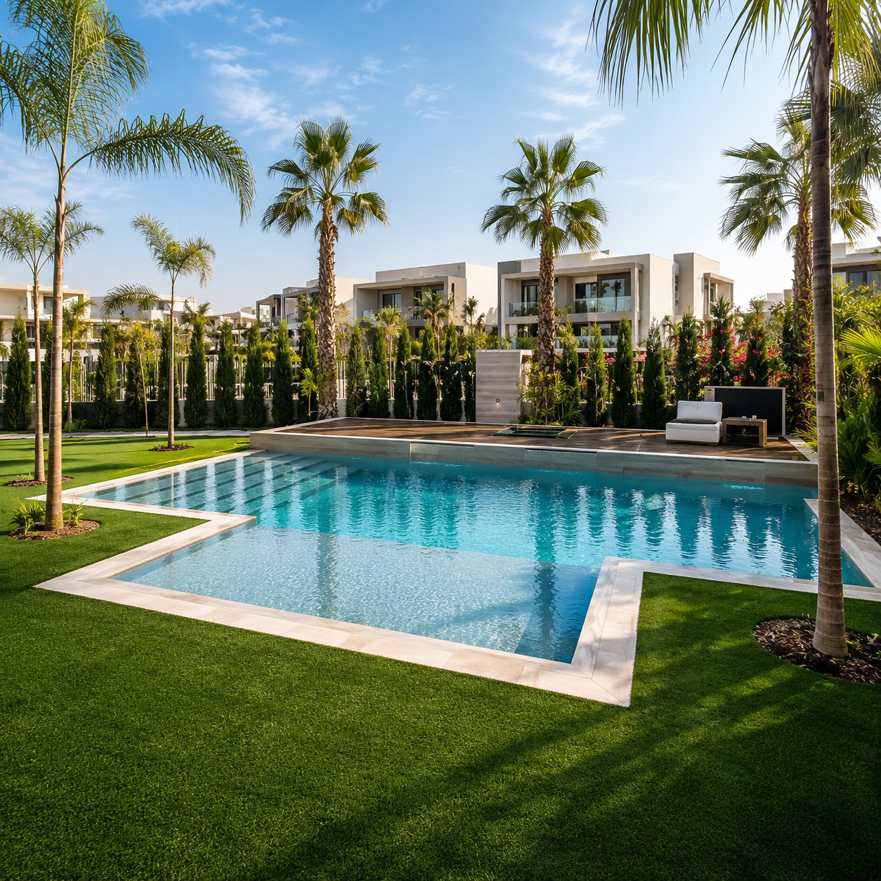Luxury overflow swimming pool project at Dubai Hills designed and built by professional pool builders Dubai with modern landscaping and premium pool construction.