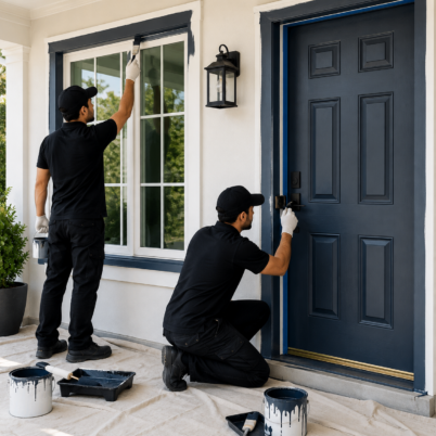 Professional painters painting wooden doors and window frames with premium weather-resistant paint for a modern home in Dubai.