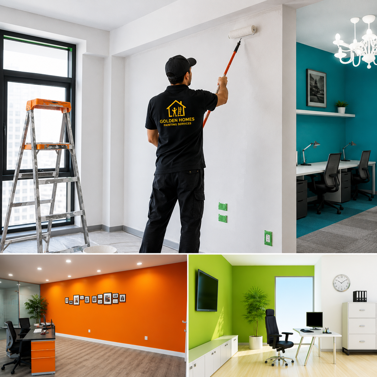 Professional office painters applying premium interior wall paint in a modern office using high-quality painting tools and delivering smooth, durable finishes in Dubai.