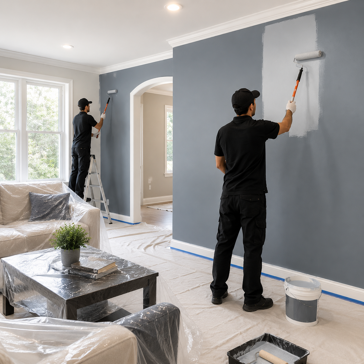 Professional interior painters applying premium wall paint in a modern living room using high-quality painting tools and protective coverings in Dubai.